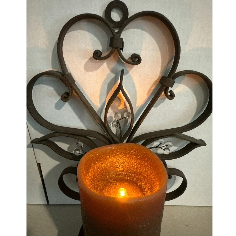 Vintage Pair of Heavy Brown Wrought Iron Wall Candle Sconces w/ Brown Candles